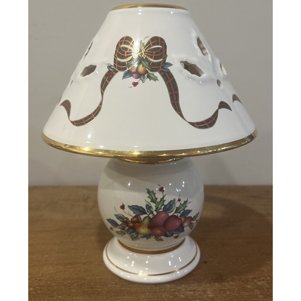 VTG Lenox Holiday Tartan 8" Tea Light Candle Lamp Porcelain Christmas Holly